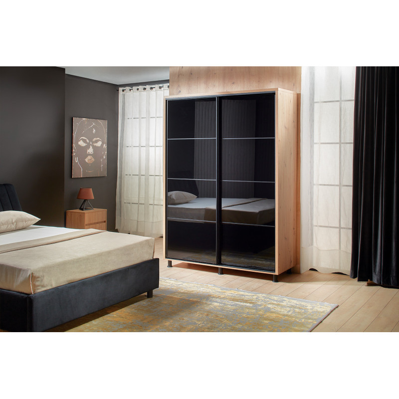 TARION gardrób fekete üveggel– modern tolóajtós szekrény, elegáns és helytakarékos kialakításban