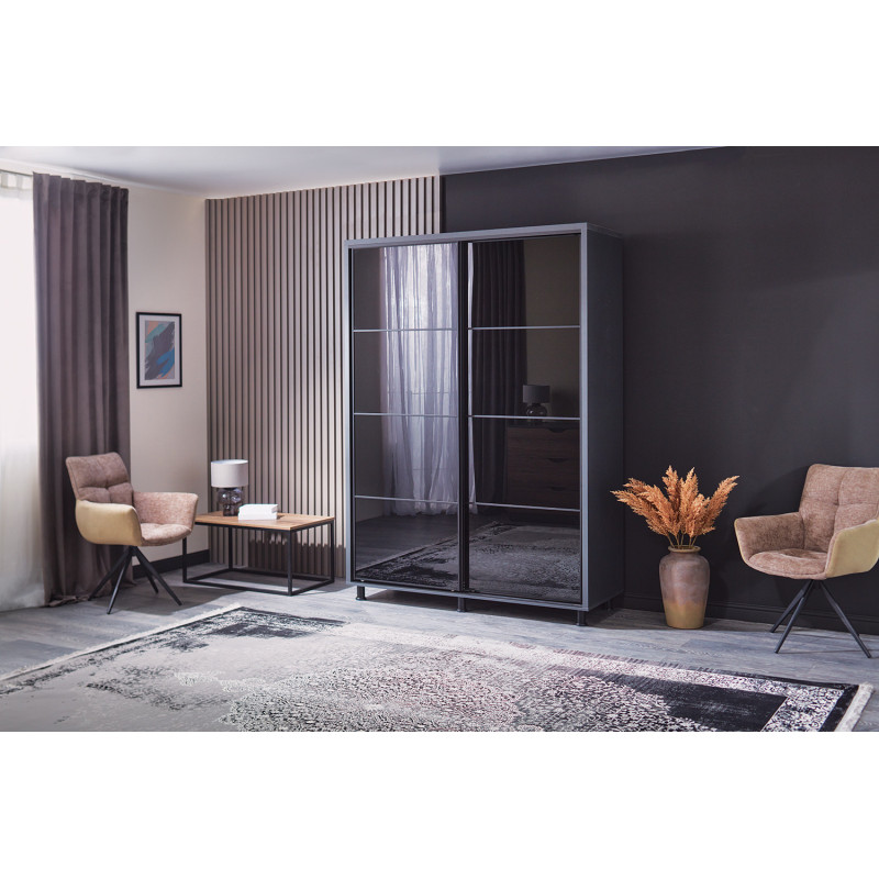 TARION gardrób fekete üveggel– modern tolóajtós szekrény, elegáns és helytakarékos kialakításban